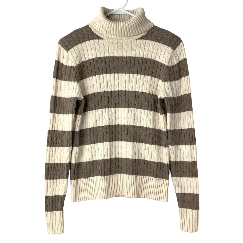 Jeanne Pierre Brown Cream Striped Rib Sweater M Pullover Turtleneck Cable Knit